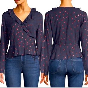 EUC Rails | Navy Simone Metallic Red Cherry Print Wrap Blouse